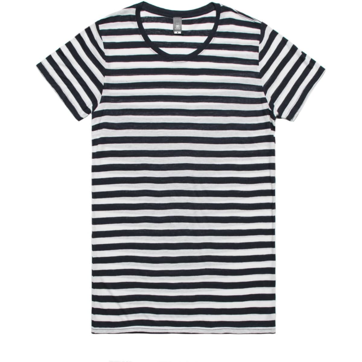 A black and white striped T-shirt with a classic crew neckline and short sleeves. It features a logo on the label.