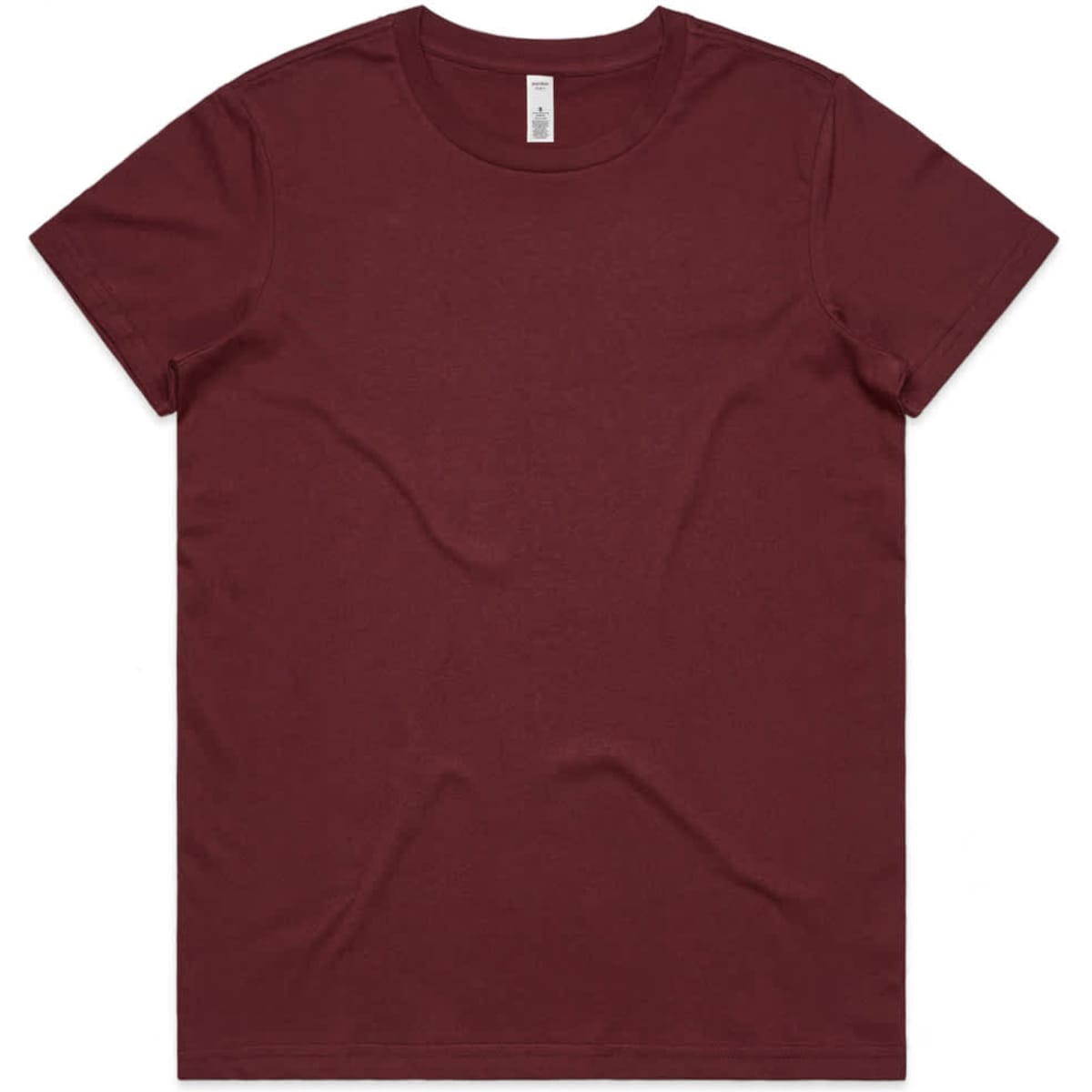 A maroon basic tee, short-sleeved with a round neckline. The shirt features a logo on the tag.