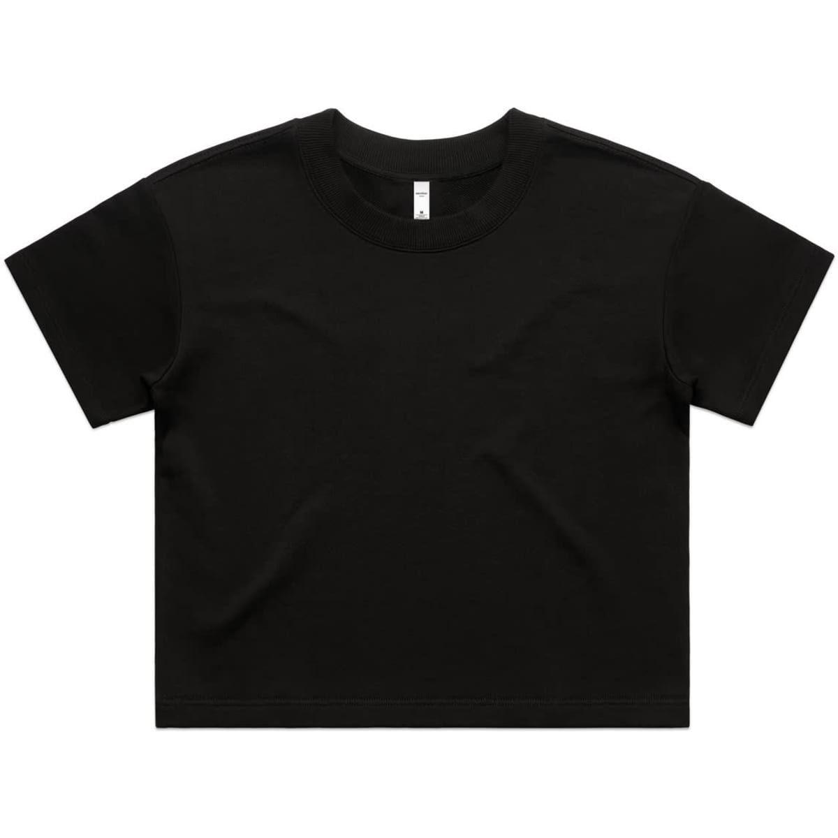A black cropped t-shirt with short sleeves and a round neckline, featuring a small logo.