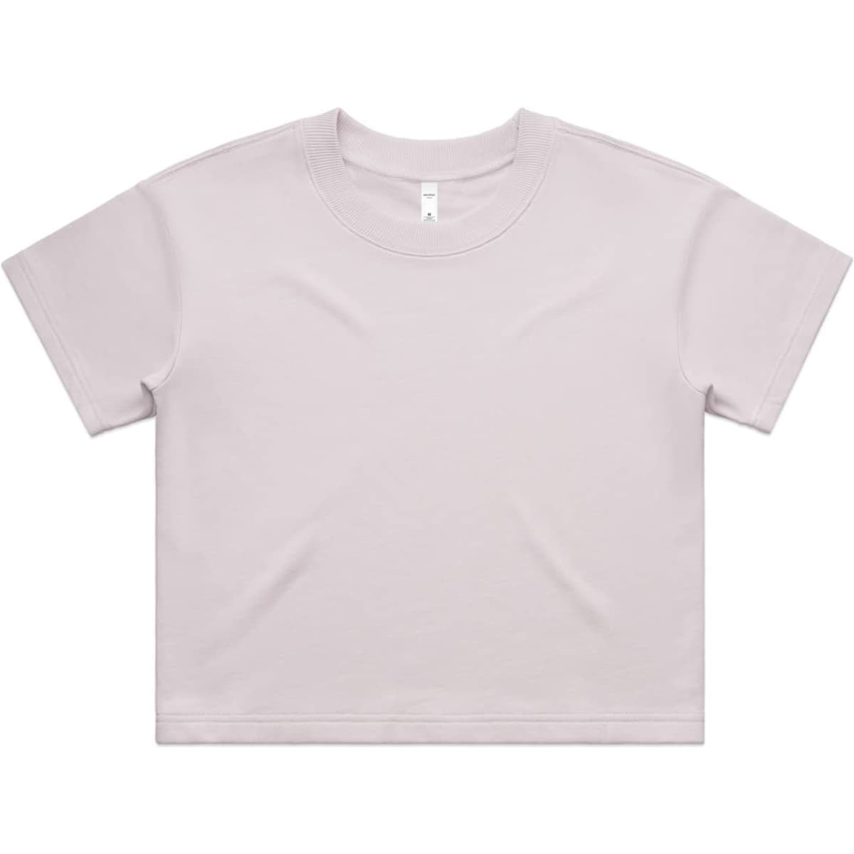 A light grey cropped t-shirt with short sleeves and a simple design, featuring a logo on the neckline.