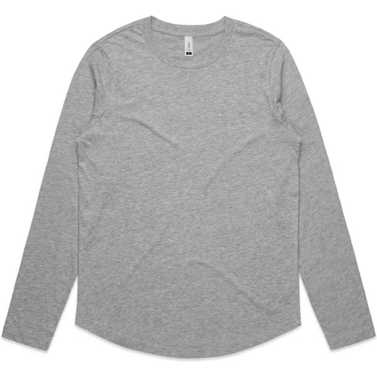 A long-sleeve grey t-shirt with a curved hem and a small logo branding on the label.
