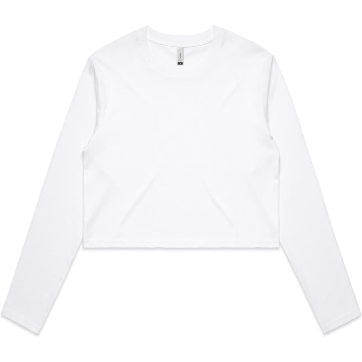 A white long-sleeve crop t-shirt with a simple design, featuring a logo.