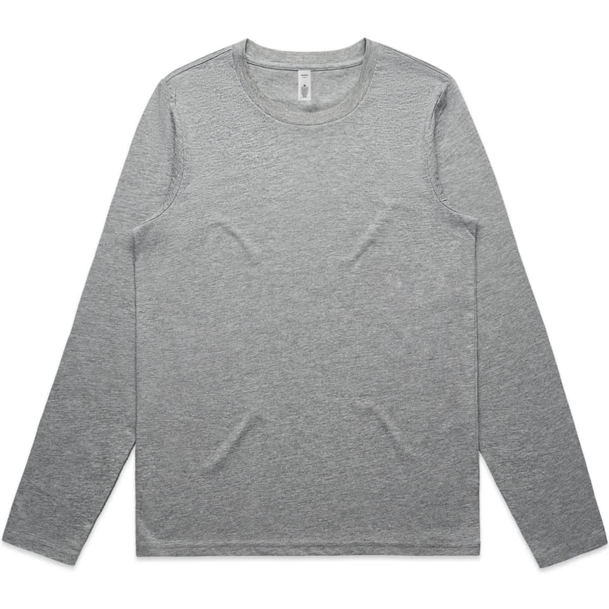 A grey long-sleeve t-shirt with a crew neckline and stitching details. The shirt features a small logo.