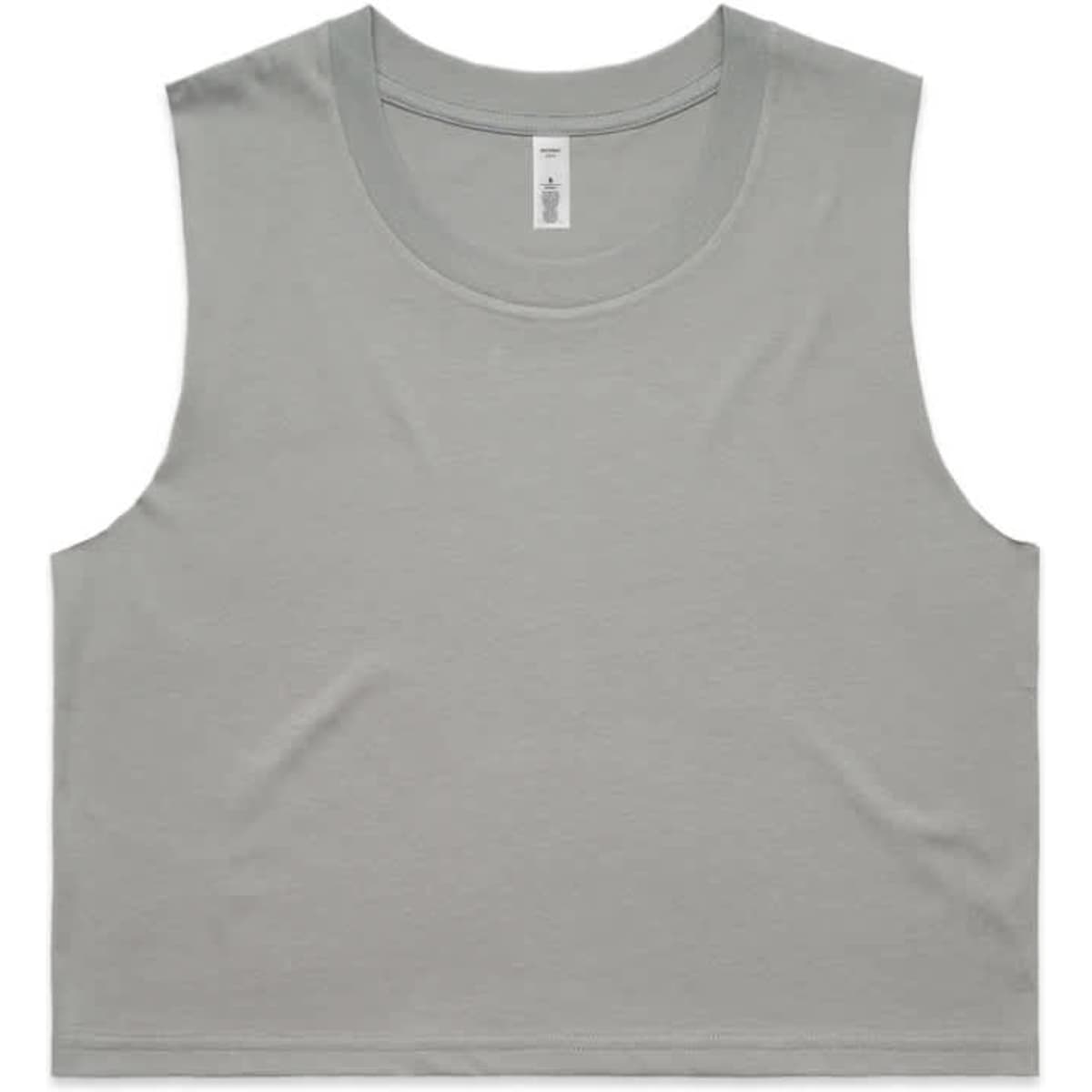 A light grey crop tank top with a round neckline and a branded label.
