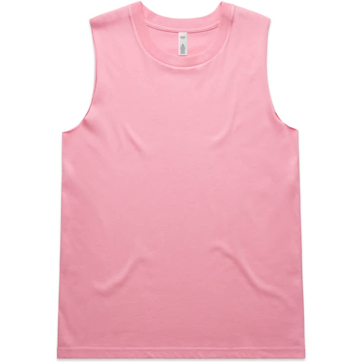 A pink sleeveless tank top with a round neckline, featuring a logo.