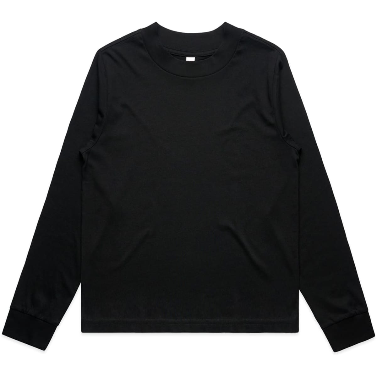 A black long-sleeve t-shirt with a round neckline and fitted cuffs. It features a logo on the front.