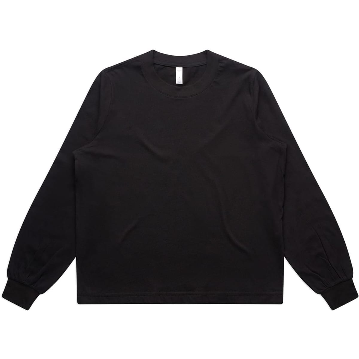 A black long-sleeve T-shirt with a round neck and elasticised cuffs, featuring a logo.