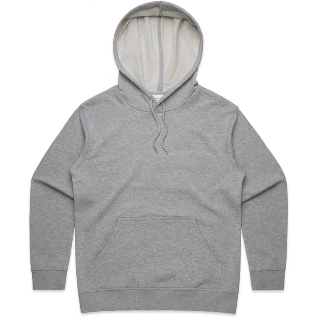 A grey hoodie featuring a front pocket and a light-coloured inner hood. It includes a logo on the garment.
