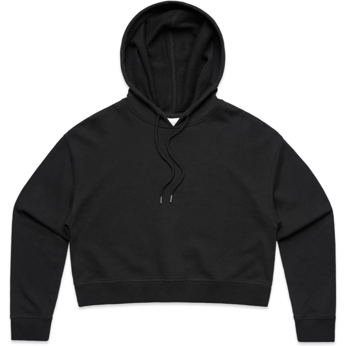 A black cropped hoodie featuring a drawstring hood and long sleeves, with a logo on the front.