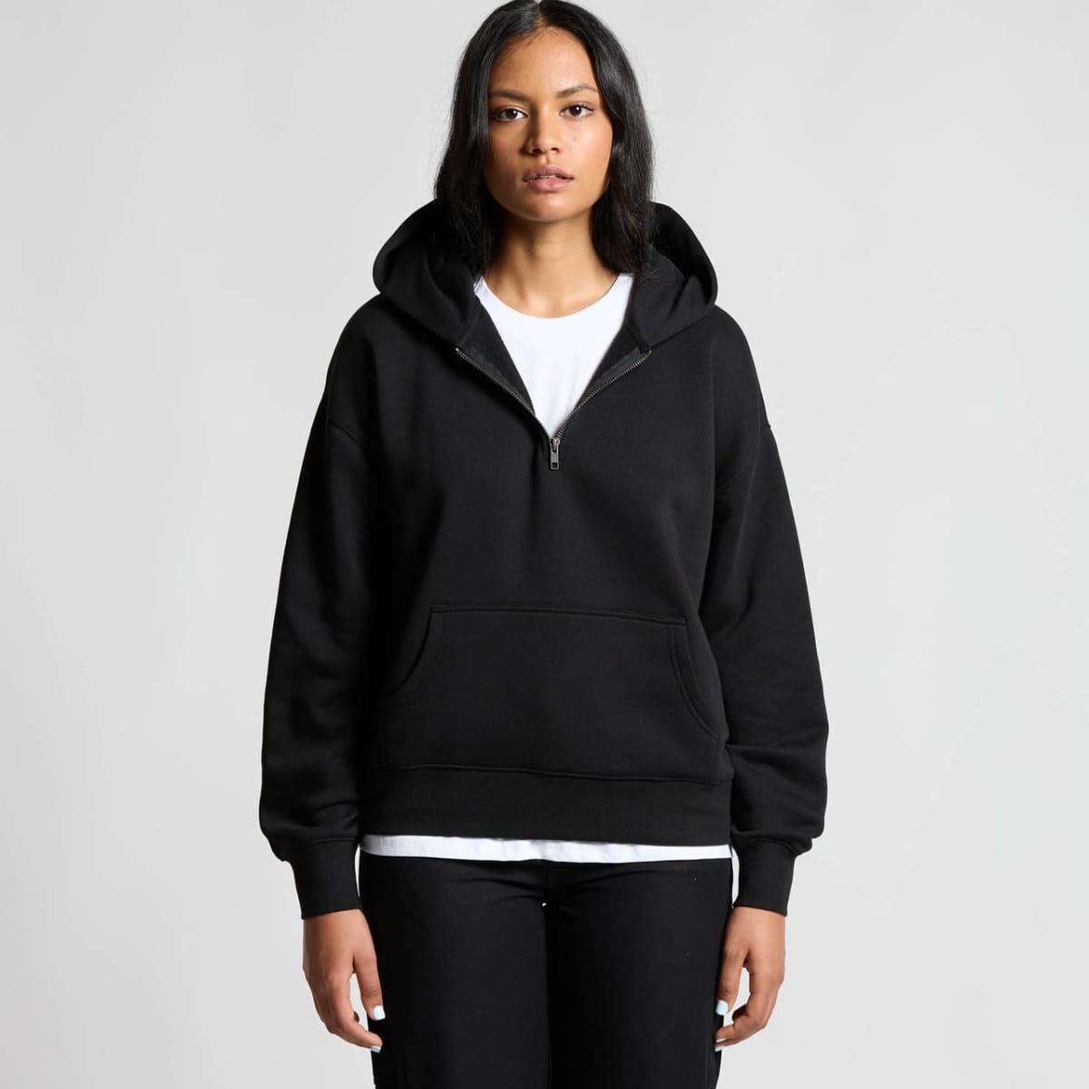 A black half-zip hoodie featuring a front pocket and a hood. It has a simple design and a relaxed fit.