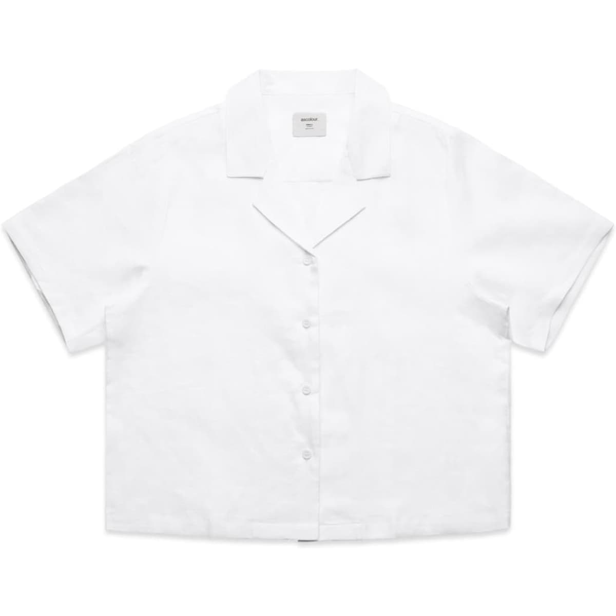 A white short-sleeve button-up shirt made of linen with a collar and a logo.