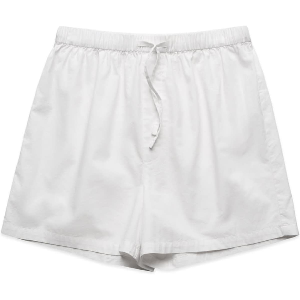 A pair of white pyjama bottoms with an elastic waistband and drawstring, featuring a simple design.