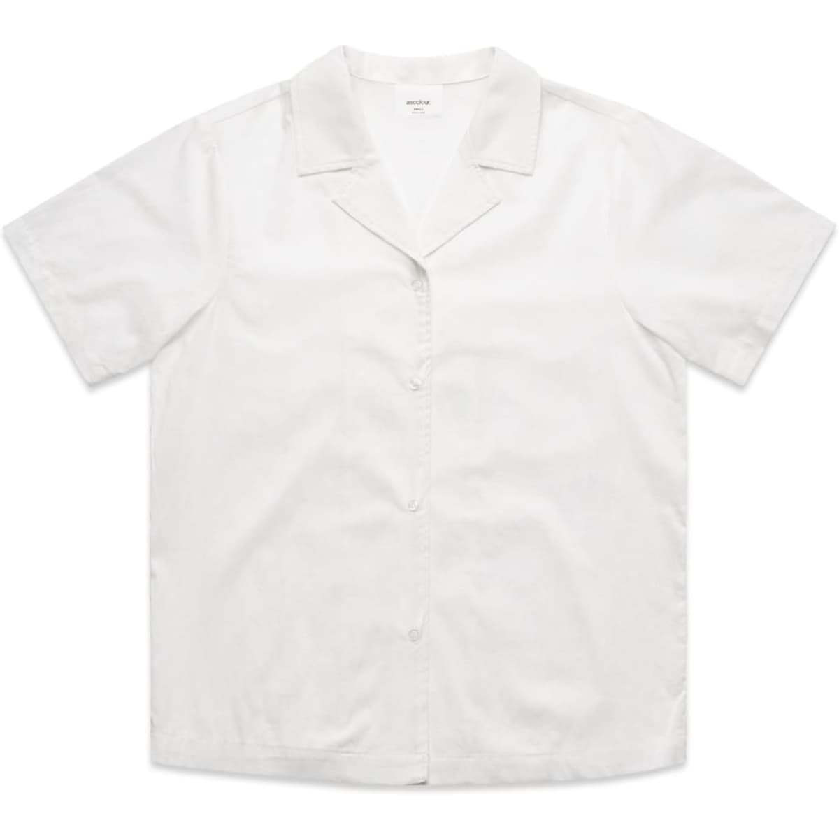 A white short-sleeve pyjama top with a collar and button front, featuring a subtle logo.