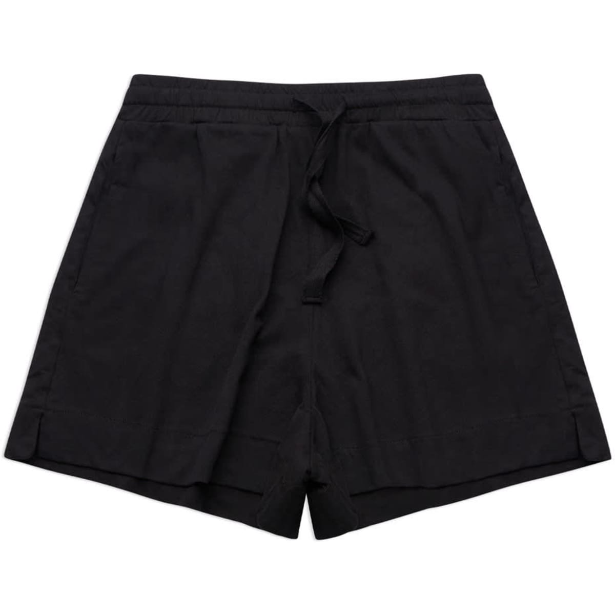 A pair of black sports shorts with an elasticated waistband and drawstring, featuring a logo.