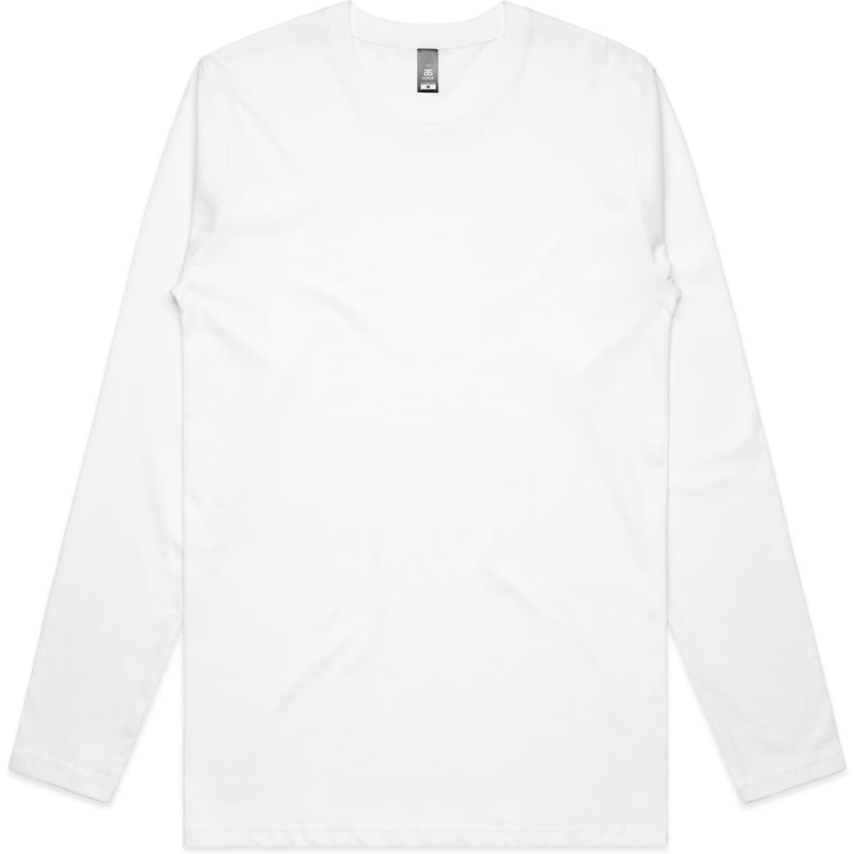 A white long-sleeve t-shirt with a crew neck and a logo on the label.