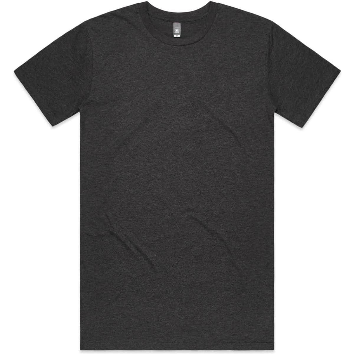 A charcoal grey t-shirt with short sleeves and a crew neckline, featuring a logo.