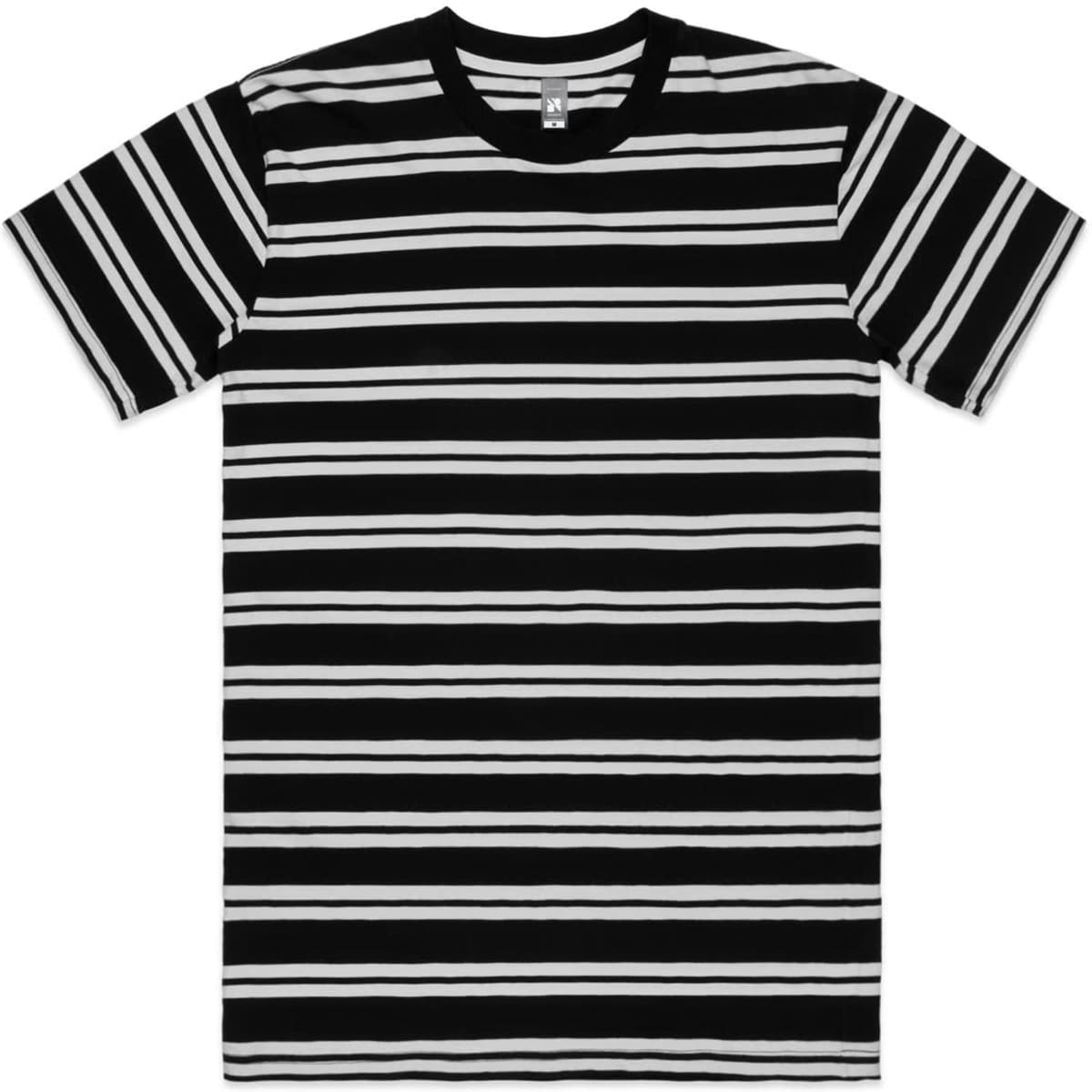 A black and white striped T-shirt with short sleeves and a crew neckline, featuring a logo on the label.