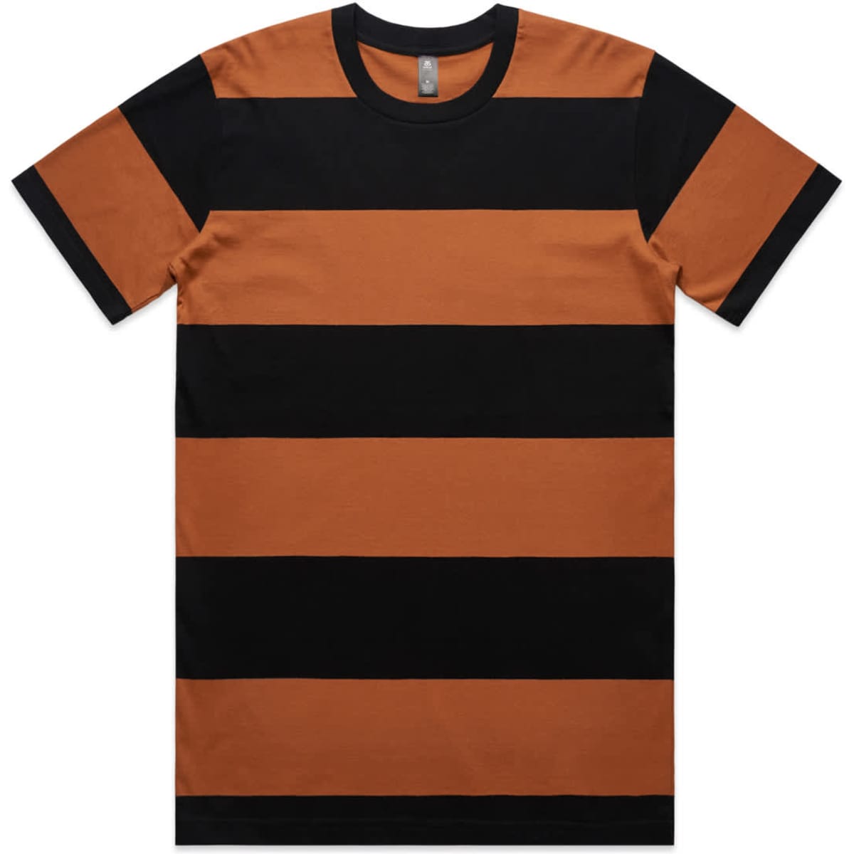 A striped tee featuring alternating broad bands of burnt orange and black. The shirt has a round neckline and short sleeves.