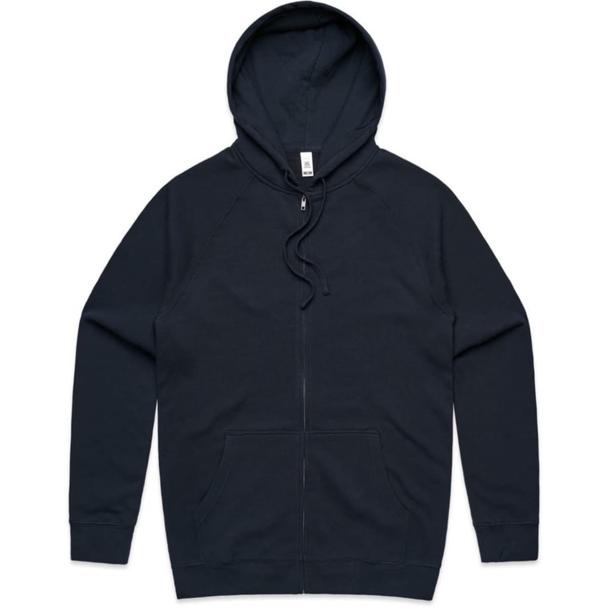A dark navy zip-up hoodie featuring a hood and front pockets, with a logo present.