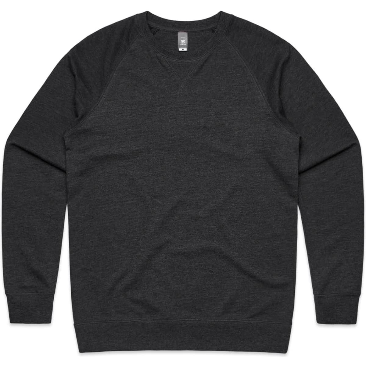 A dark grey jumper with raglan sleeves and a round neckline, featuring a logo on the tag.