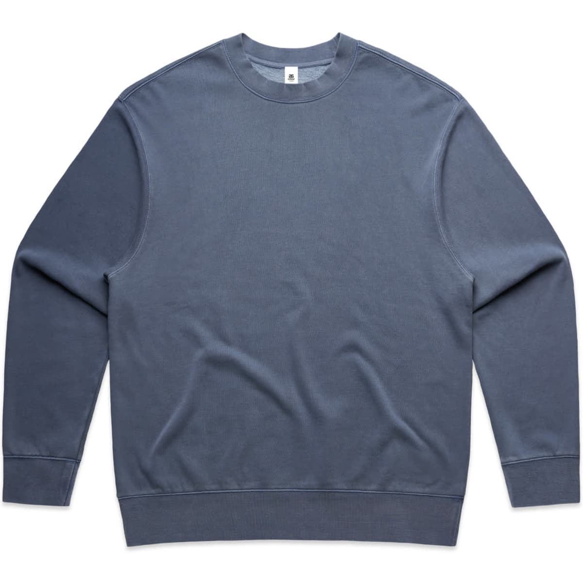 A blue sweater with long sleeves and a crew neck, featuring a logo on the label.
