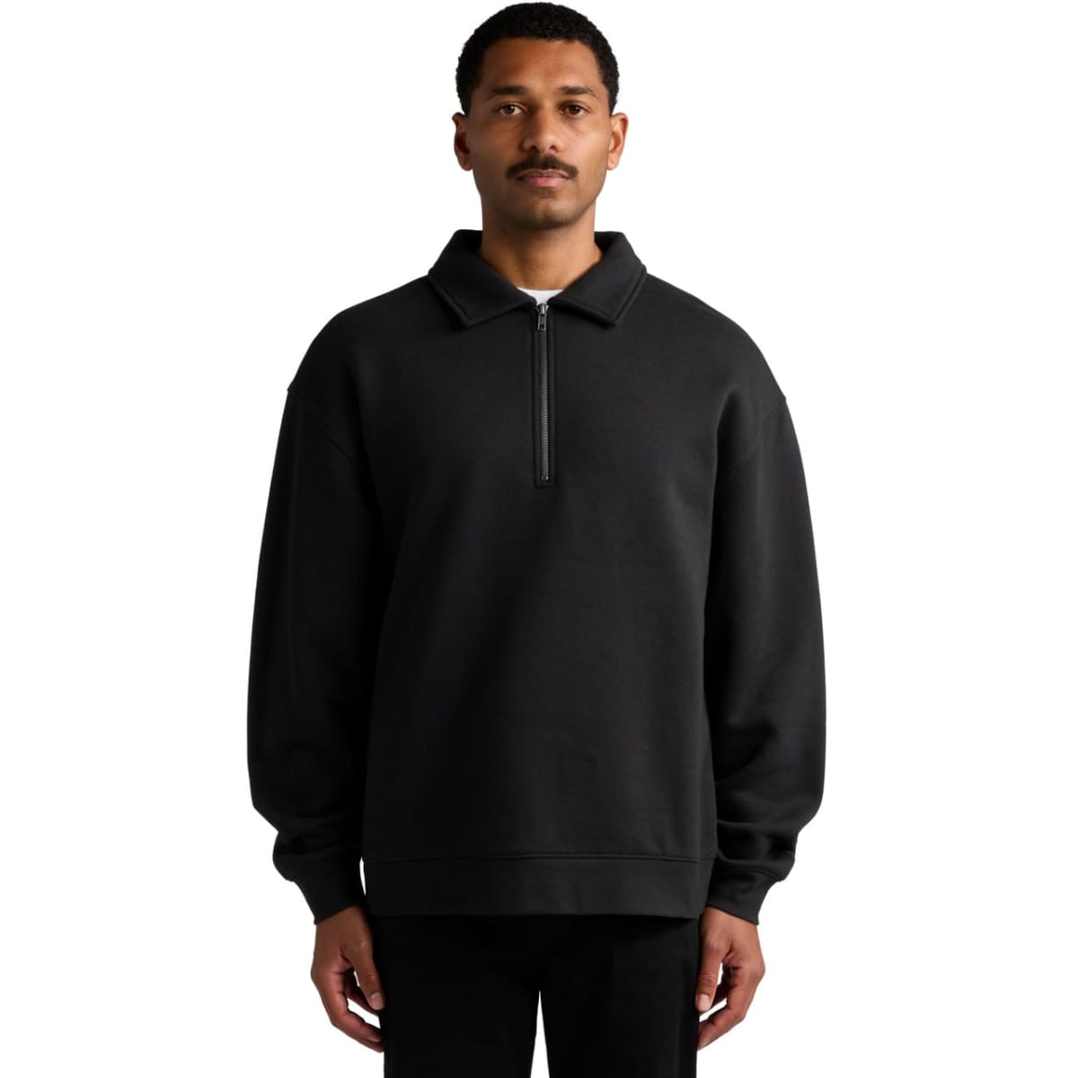 A black collared crew jumper with a zip detail, featuring a relaxed fit and long sleeves. It has a logo on the garment.