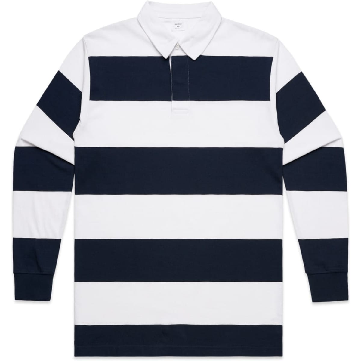 A rugby stripe polo shirt featuring alternating navy blue and white horizontal stripes. It has a collar and long sleeves.