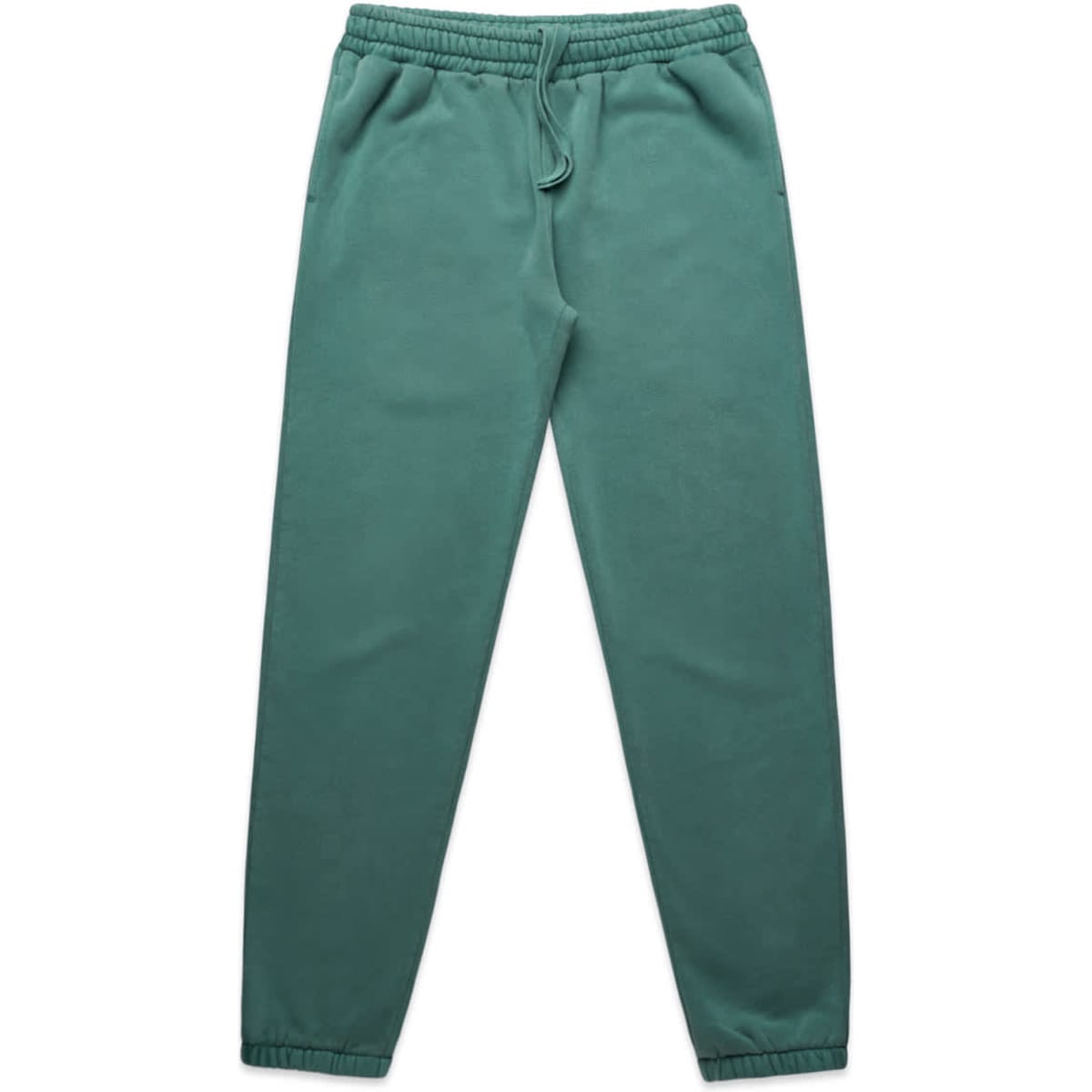 Faded track pants in a muted green colour, featuring an elasticised waistband and cuffs. Includes pockets and branding.