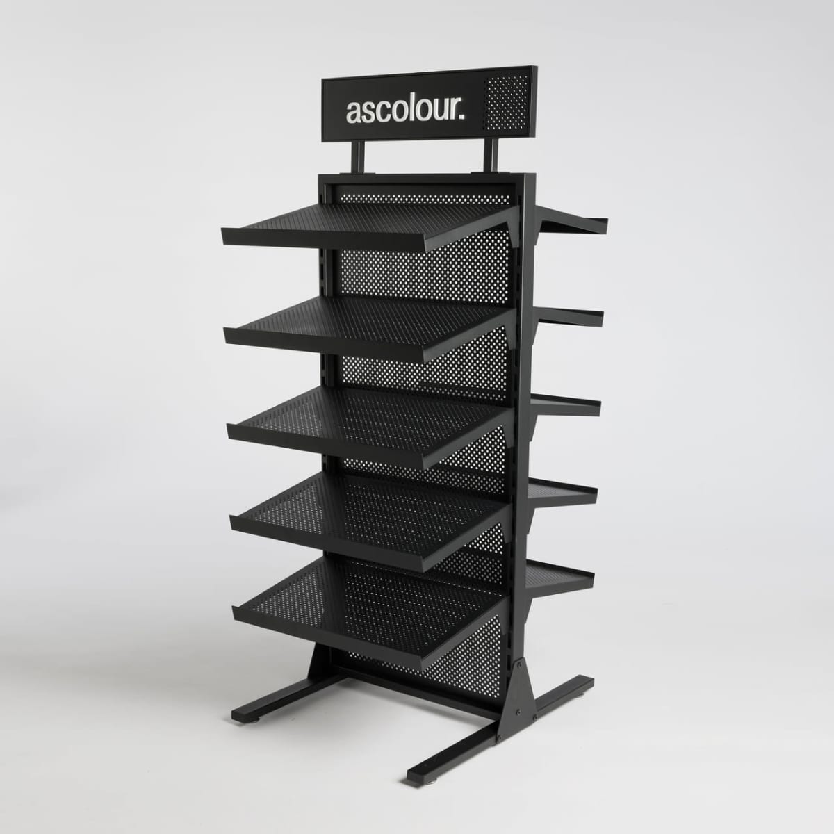 A black hat rack with multiple shelves and a branding logo at the top.