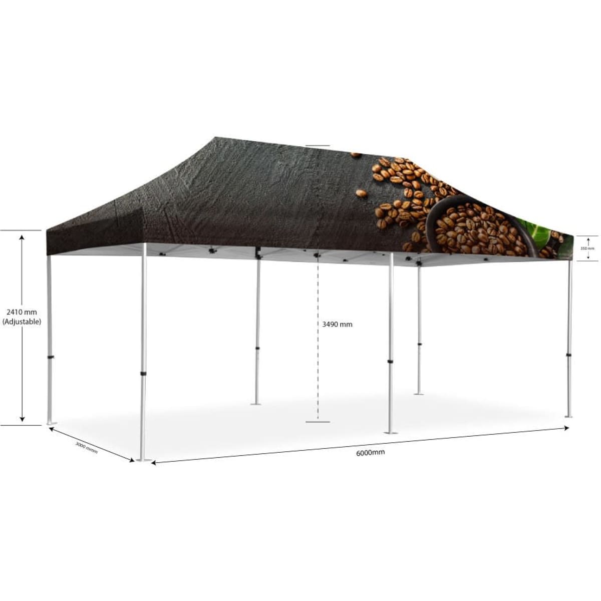 A printed marquee in grey and black with coffee bean imagery, measuring 3x6m, featuring a logo.