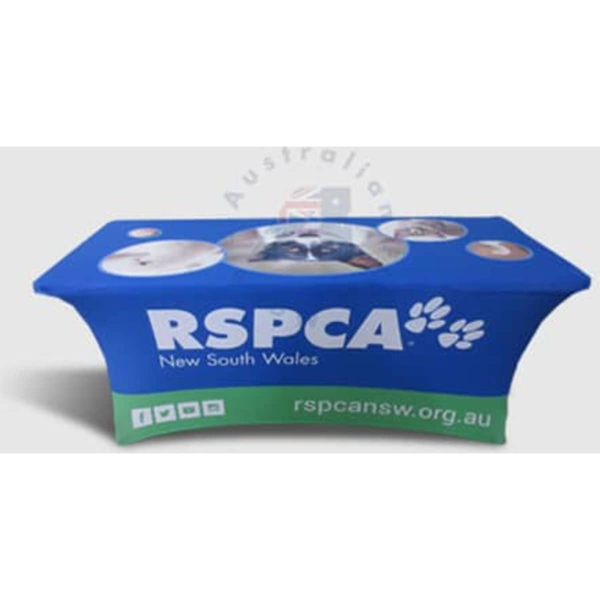A blue stretch table cover featuring a logo and images related to RSPCA New South Wales.