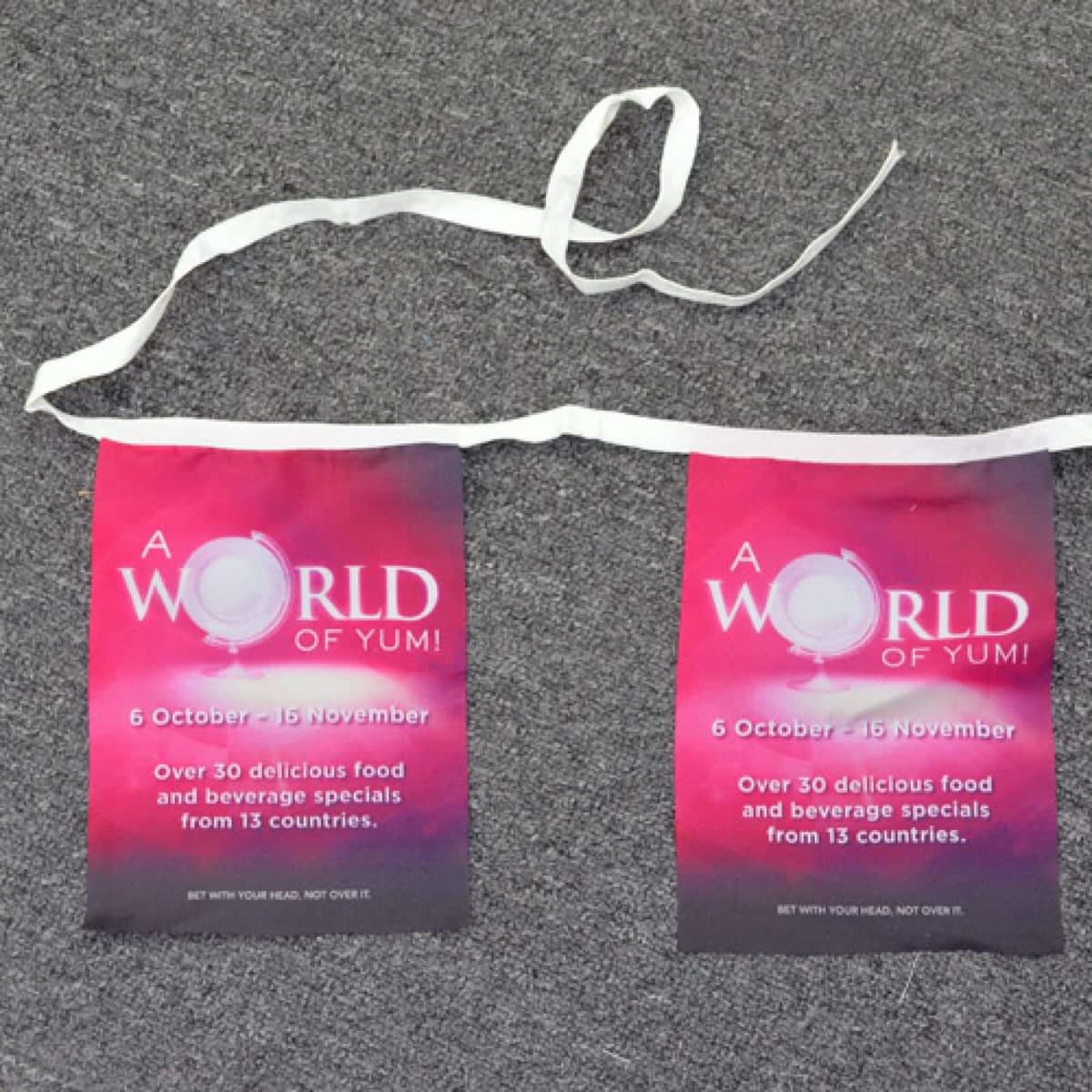 Polyester bunting in vibrant pink and purple colours, featuring promotional panels with string for display.