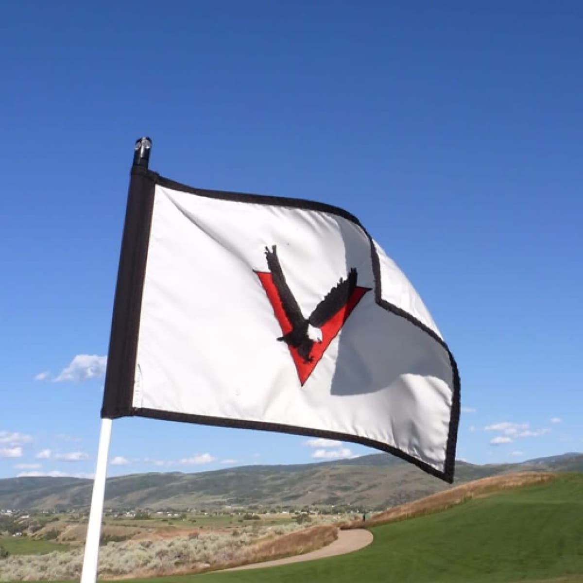 A golf flag featuring a white background with a black and red logo, set against a clear blue sky.