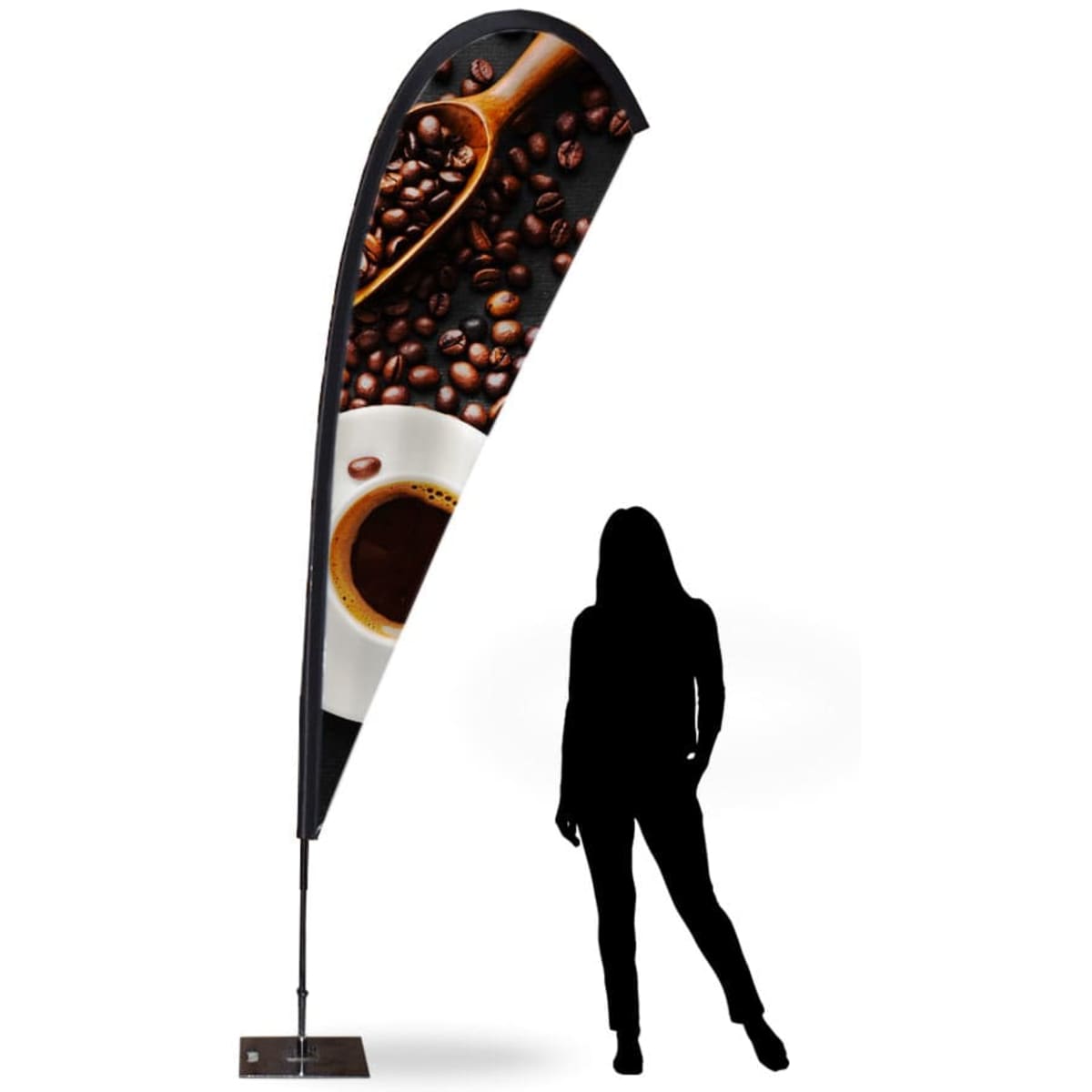 A teardrop flag set featuring a coffee theme, with dark colours and a silhouette of a person in the foreground.