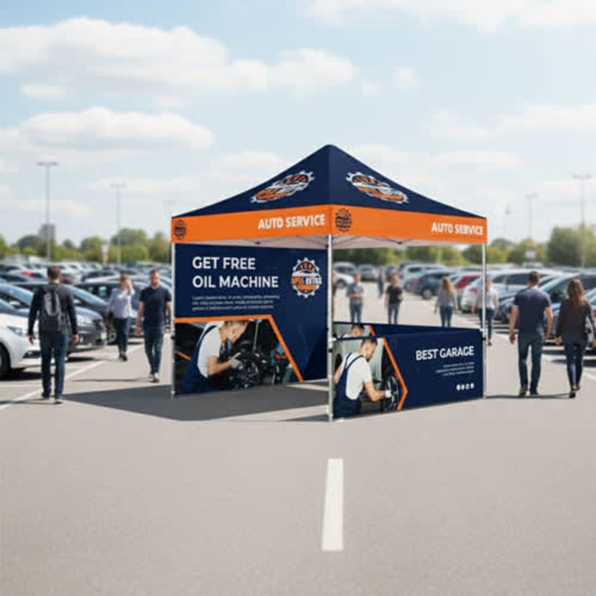 A 3x3m marquee in blue and orange featuring an auto service theme, set up in a parking lot.