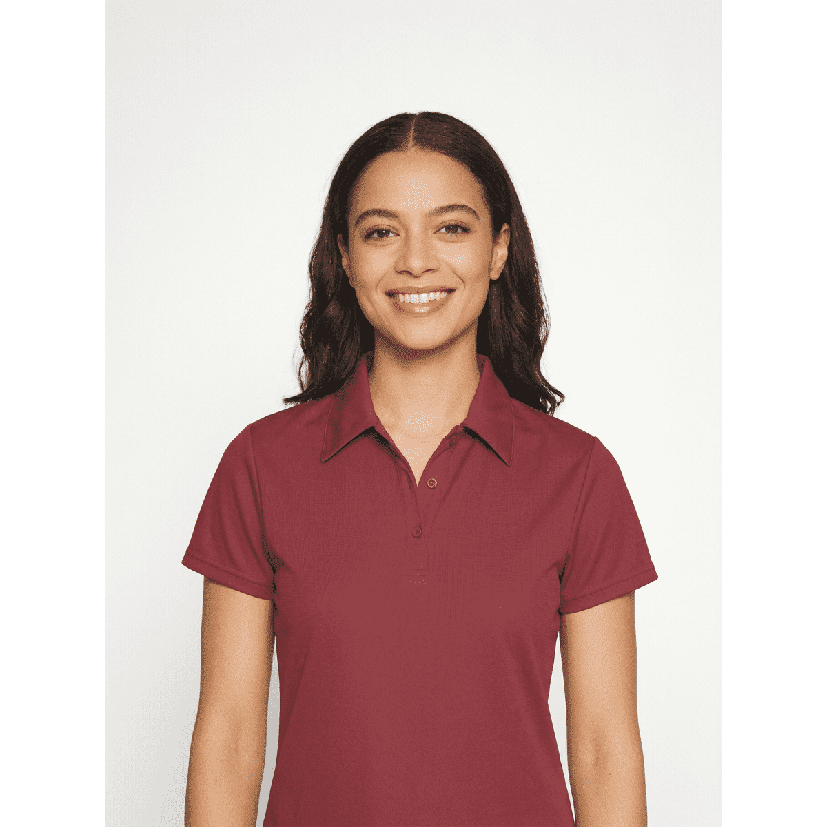 A burgundy polo shirt worn by a woman with long hair, featuring a collar and a subtle logo.