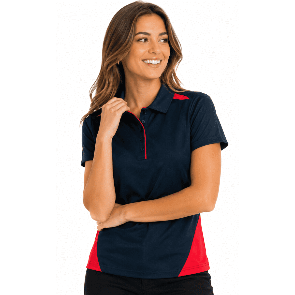 A navy and red polo shirt featuring a logo, designed for women. Stylish and sporty design.