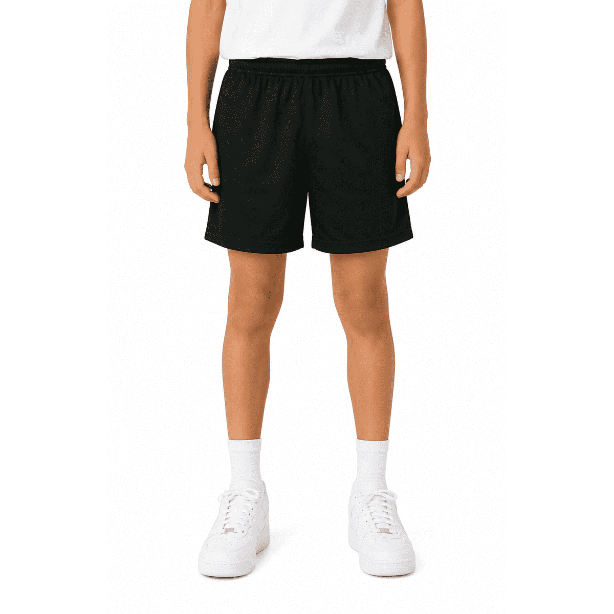 Black sports shorts for kids, featuring an elastic waistband and a subtle logo on the side.