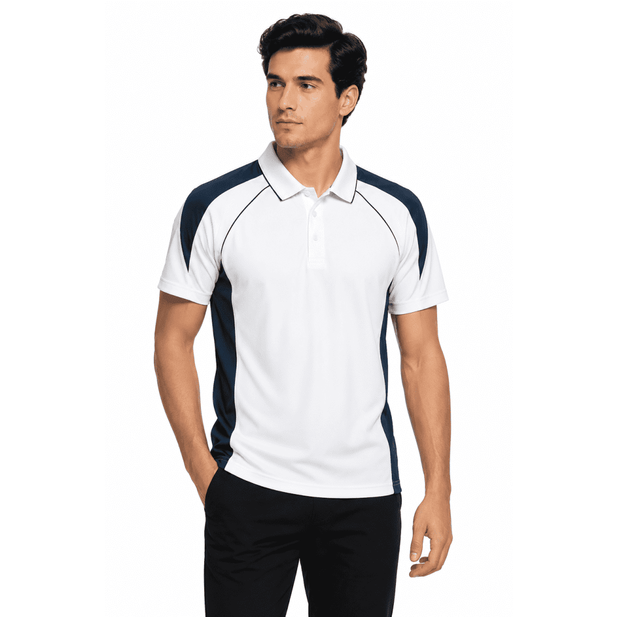 A white polo shirt with navy side panels, featuring a collar and a logo.