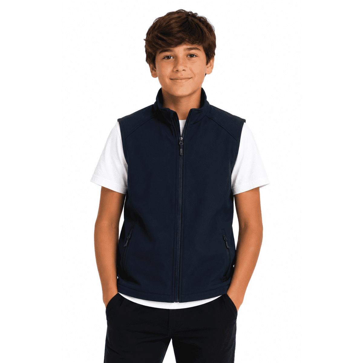 A boy stands wearing a navy blue vest over a white T-shirt, with his hands in his pockets. The vest has branding.