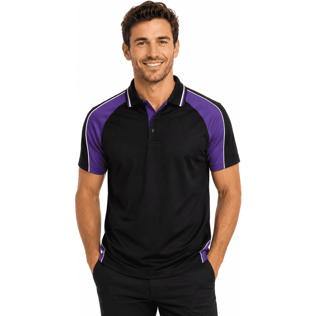 A black polo shirt with purple accents and a logo, featuring short sleeves and a classic collar.
