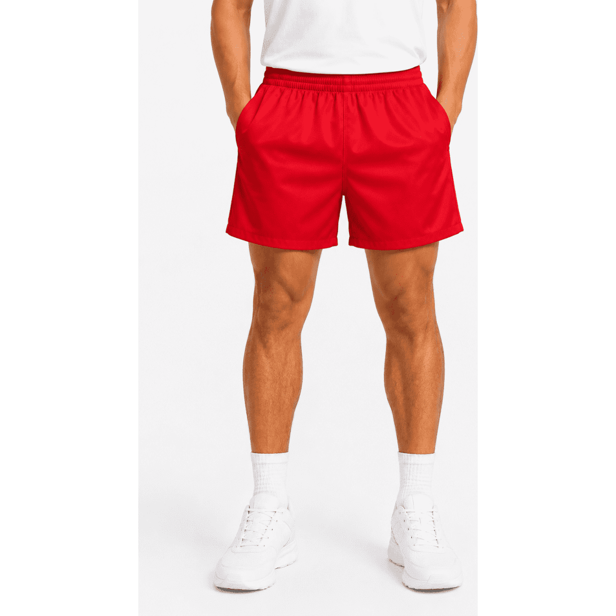 Red rugby men's shorts featuring an elastic waistband and a logo. Suitable for sports and casual wear.