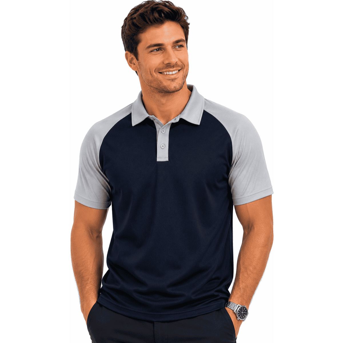 A navy blue and grey polo shirt featuring a collar and short sleeves, worn by a smiling man.