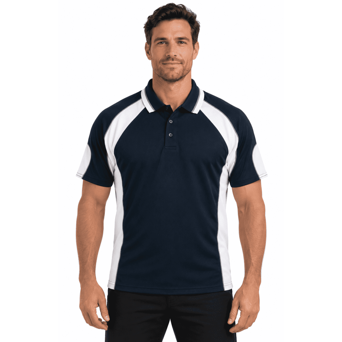 A navy blue polo shirt with white accents and a branding logo, featuring a classic collar and short sleeves.