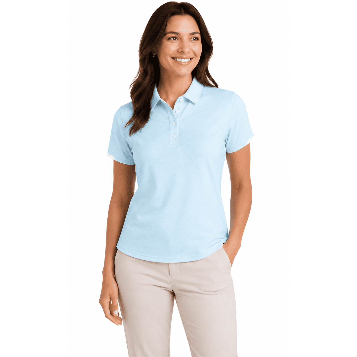 A woman wearing a light blue polo shirt with a collar and buttons, paired with cream-coloured pants.