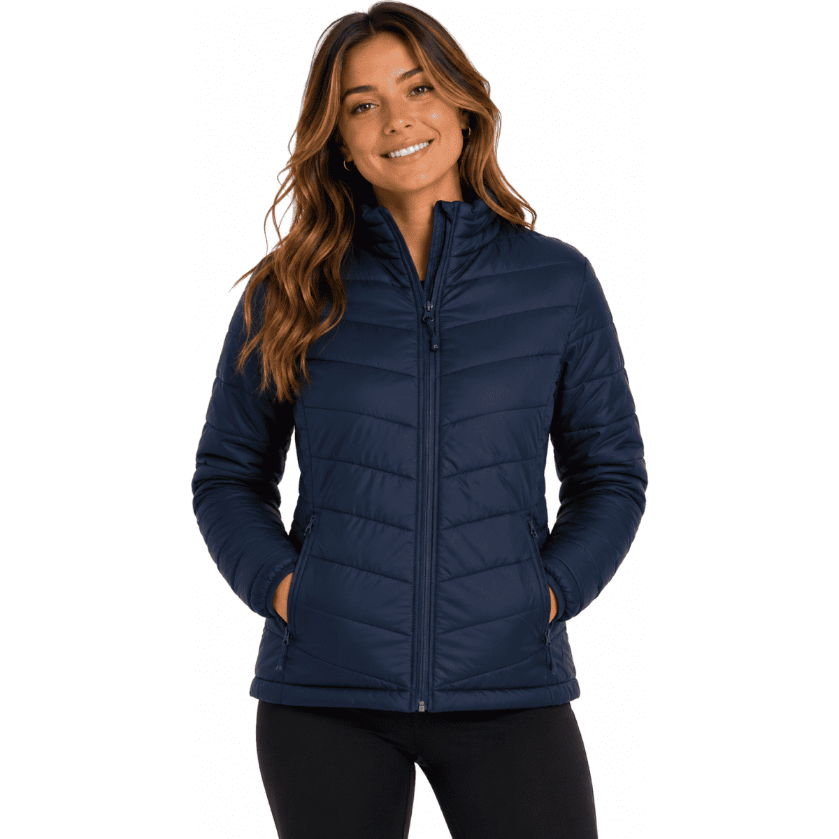 A navy blue women's jacket with a zip front and side pockets, featuring a branding logo.