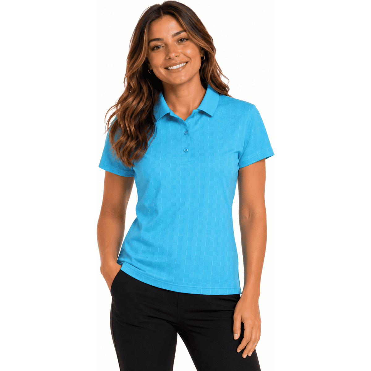 A woman in a light blue polo shirt with a collar, featuring a logo, paired with black pants.