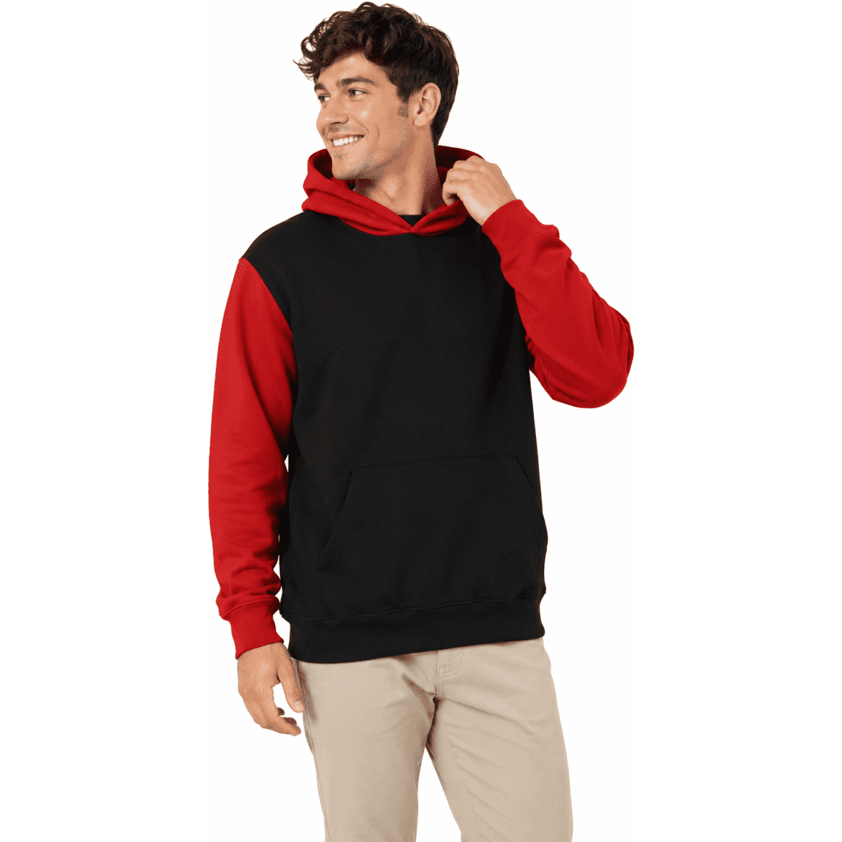 A black and red hoodie with a front pocket and a drawstring hood, featuring a logo on the chest.