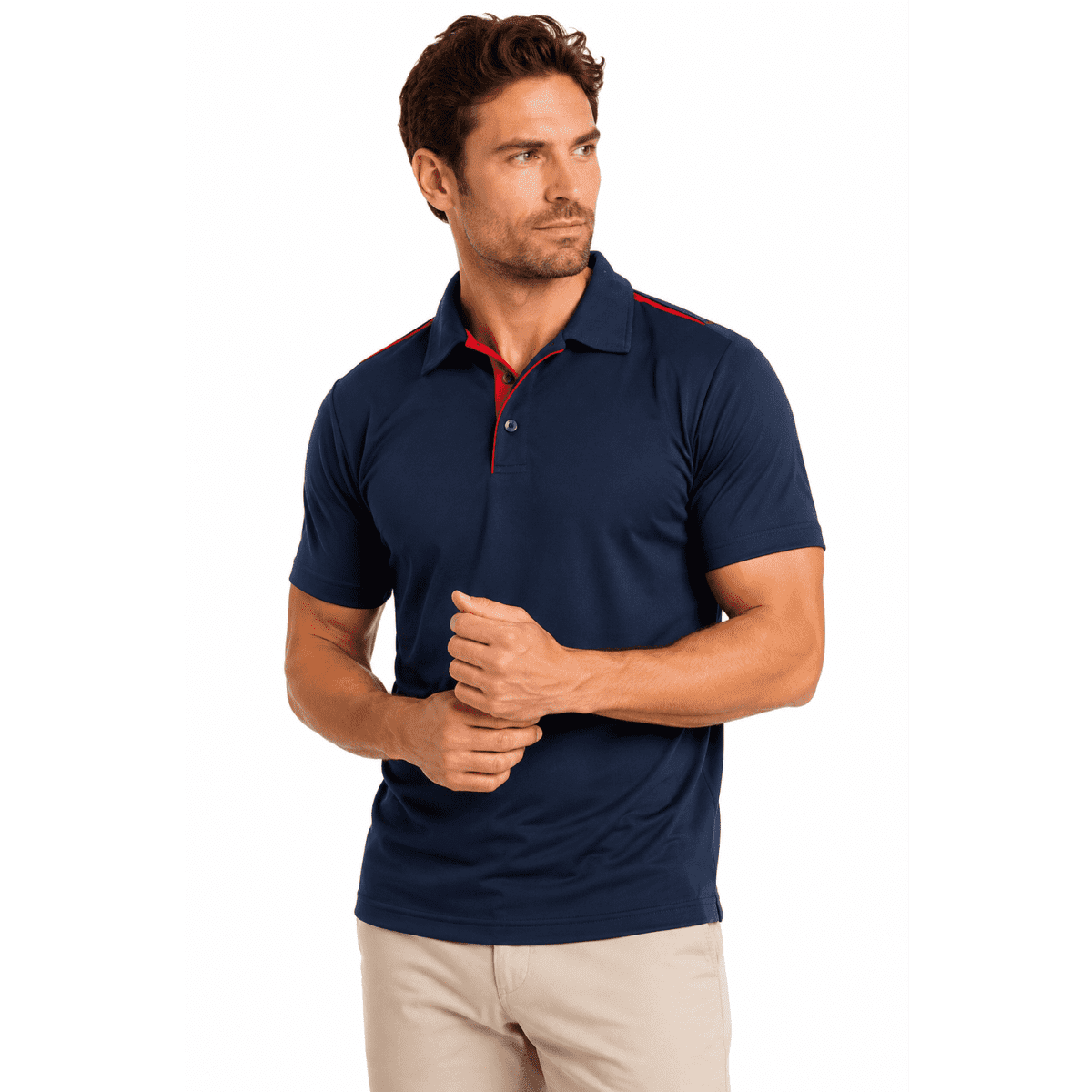 A navy blue polo shirt with red accents and a logo, featuring a classic collar and short sleeves.
