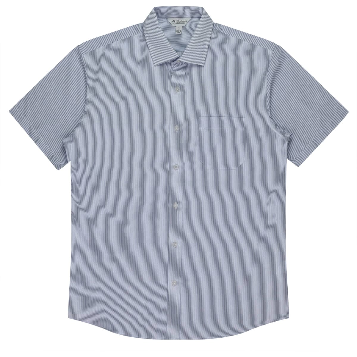A short sleeve button-up shirt in a blue and white striped pattern, featuring a chest pocket and a collar.